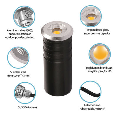 مصباح الدرج المصباح المصغّر IP67 1W CREE XPE LED لون واحد 316# الفولاذ المقاوم للصدأ مع صندوق خلفي من الألومنيوم