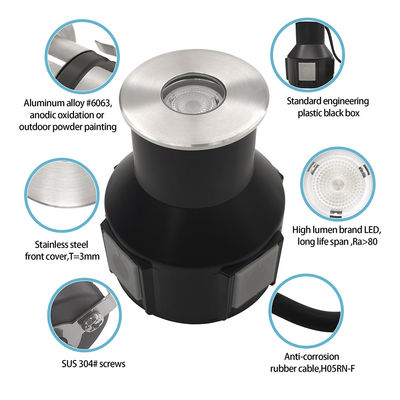 ضوء تحت الأرض IP67 متأرجح الجهد المنخفض 1W 3W 3000K DC24v شكل مربع مستدير مع غطاء الأمامي من الفولاذ المقاوم للصدأ