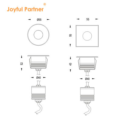 ضوء تحت الأرض IP67 متأرجح الجهد المنخفض 1W 3W 3000K DC24v شكل مربع مستدير مع غطاء الأمامي من الفولاذ المقاوم للصدأ