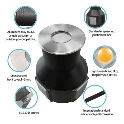 مصباح أرضي دائري غائر IP67 3W غطاء أمامي من الفولاذ المقاوم للصدأ 316 DIA55MM DC24V