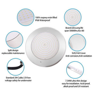 ضوء حمام سباحة تحت الماء LED IP68 رقيق للغاية 7.5mm AC12V 316 الفولاذ المقاوم للصدأ RGBW SMD مع جهاز تحكم عن بعد