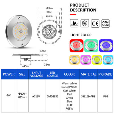 RGB Ultra Slim IP68 إضاءة حمام السباحة LED SS316L بيت متكامل النوع SMD2835 6w تحت الماء أضواء مضادة للماء