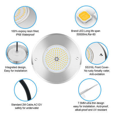 ضوء حوض سباحة تحت الأرض LED DIA160MM * 32MM AC12V 316 الفولاذ المقاوم للصدأ مع جهاز تحكم RGB