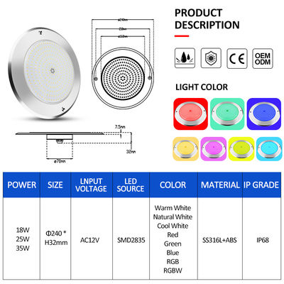 المياه تحت المياه أضاءة حمام سباحة LED 316 الفولاذ المقاوم للصدأ 25W Smd2835 الراتنج ملئ Rgb 3000K