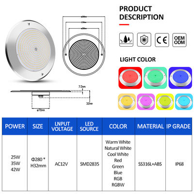 مصابيح حمام سباحة تحت الماء 316 الفولاذ المقاوم للصدأ 25W Smd2835 الراتنج مليء 3000K RGB مصباح حمام سباحة SMD 2835 AC 12v IP68 مقاوم للماء بالكامل