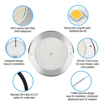 مصابيح حمام سباحة تحت الماء 316 الفولاذ المقاوم للصدأ 25W Smd2835 الراتنج مليء 3000K RGB مصباح حمام سباحة SMD 2835 AC 12v IP68 مقاوم للماء بالكامل