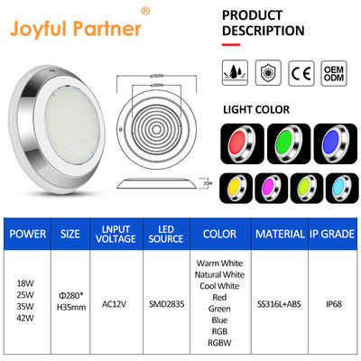 ضوء حمام سباحة تحت الماء AC12V الفولاذ المقاوم للصدأ تغيير اللون الجدارية المثبتة RGB ø280 * 35mm