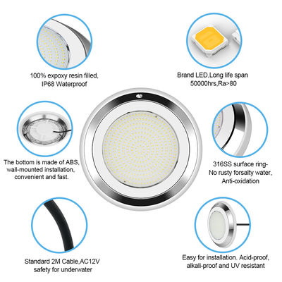 ضوء حمام سباحة تحت الماء RGB LED ضوء حمام سباحة تحت الماء IP68 DIA280MM الحائط المقاوم للصدأ