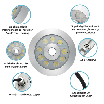 ضوء نافورة LED 316 من الفولاذ المقاوم للصدأ RGB لون واحد 170*61 مم DC12V / 24V IP68 مقاوم للماء