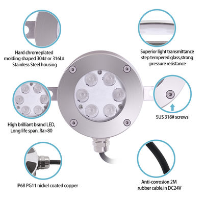 إضاءة نافورة LED قابلة للتحكم بـ DMX512 بجهد 24 فولت تيار مستمر 12 واط 3000 كلفن من الفولاذ المقاوم للصدأ IP68 للمناظر الطبيعية تحت الماء