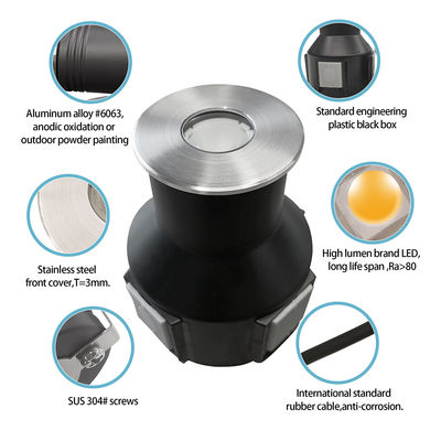 ضوء تحت الأرض IP67 متأرجح الجهد المنخفض 1W 3W 3000K DC24v شكل مربع مستدير مع غطاء الأمامي من الفولاذ المقاوم للصدأ