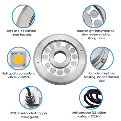 ضوء فوهة نافورة البركة من الفولاذ المقاوم للصدأ 316L RGBW 4 في 1 DMX للنوافير الصغيرة