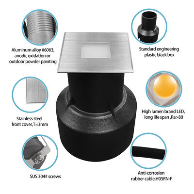 3W LED مربع مدرجة تحت الأرض الضوء 304 أو 316 الفولاذ المقاوم للصدأ الحجم 45 * 45MM الألومنيوم