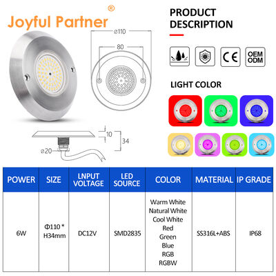 6W Ultra Slim Underwater PAR56 Pool Lamp SMD LED 2835 مقاوم للماء 110x34MM DC12V/AC12V